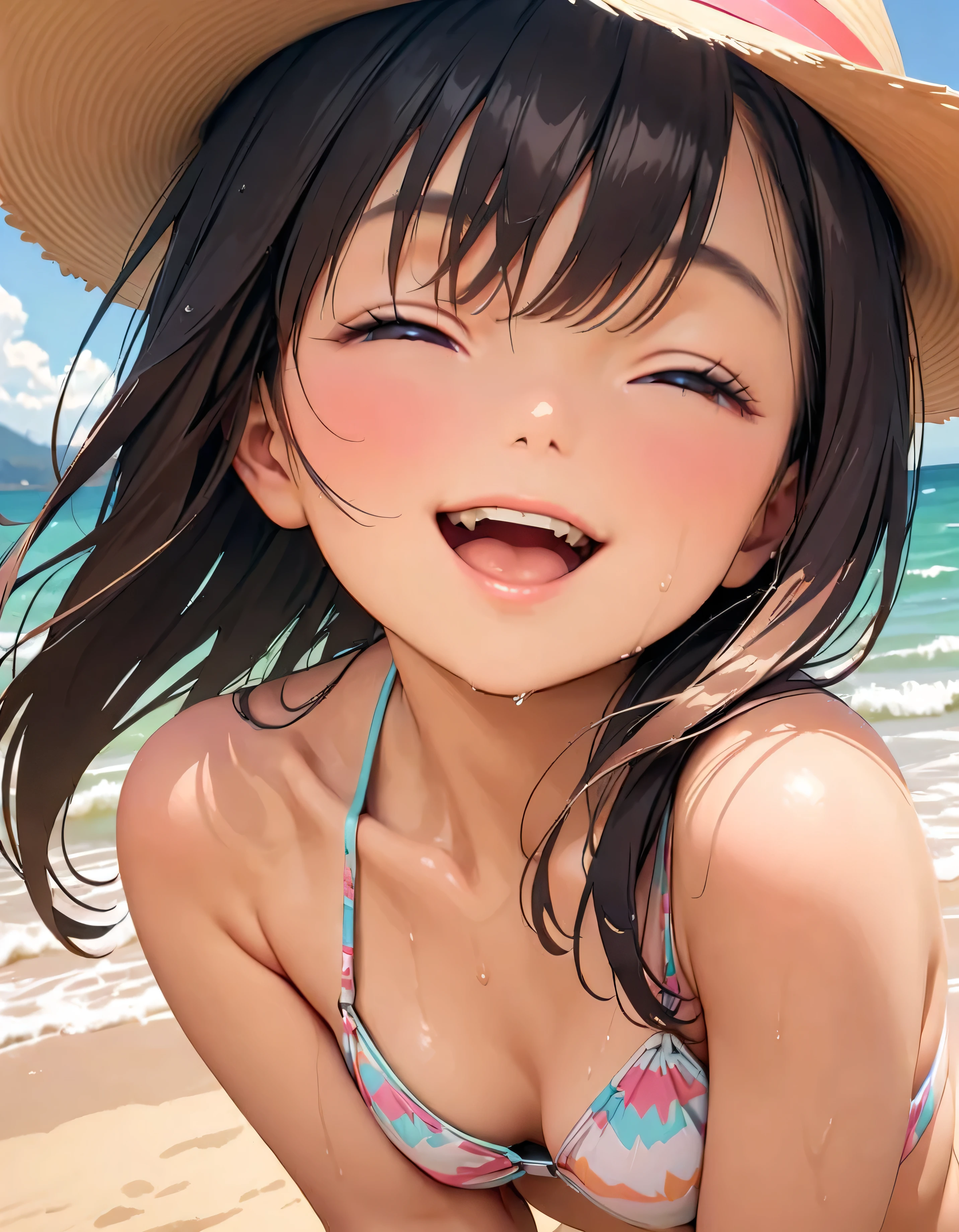 (Highest quality:1.2, Very detailed, up to date, Vibrant, masterpiece:1.2, Highest quality, Best aesthetics), smile, ((Face Up Shot:1.4)), 1980s style, 8k Ultra HD, Background Blur, smile, One Woman, Woman in bikini, Strong sunlight, Seaside, sunny, Summer sunshine, Wet Skin, Sandy Beach, Dynamic Angle, dynamic, Get excited, low length, very young, flat chested