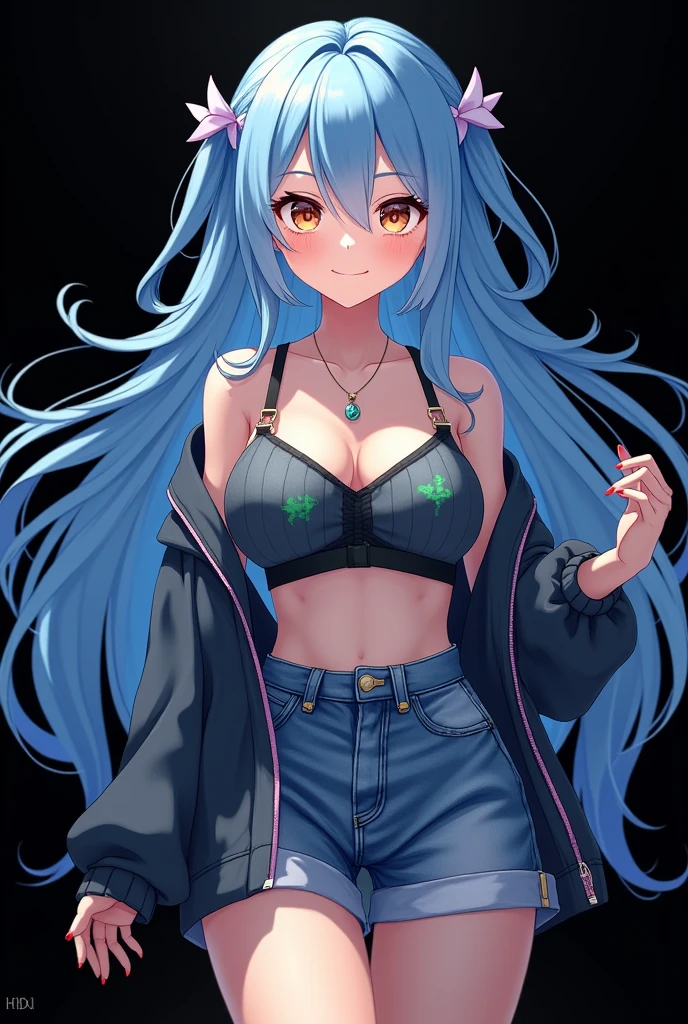 anime, masterpiece, UHD, anatomy correct, detailed skin, detailed pupils, detailed hair, hair correct, full body, vtuber full body, standing pose, dynamic pose, black background, blue hair, long hair, light brown eyes, beautiful, beautiful outfit, character sheet, design sheet, vtuber design, design sheet, design concept, reference sheet, full body