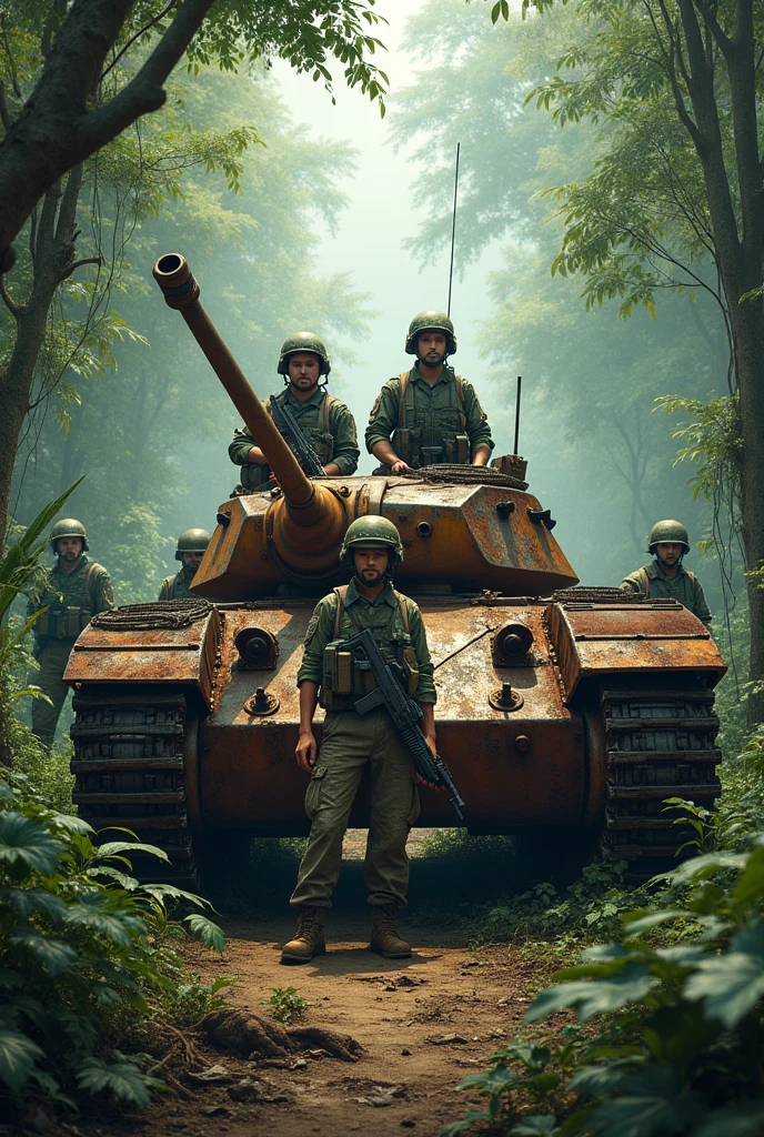 Soldiers and a rusty tank model Jungle background