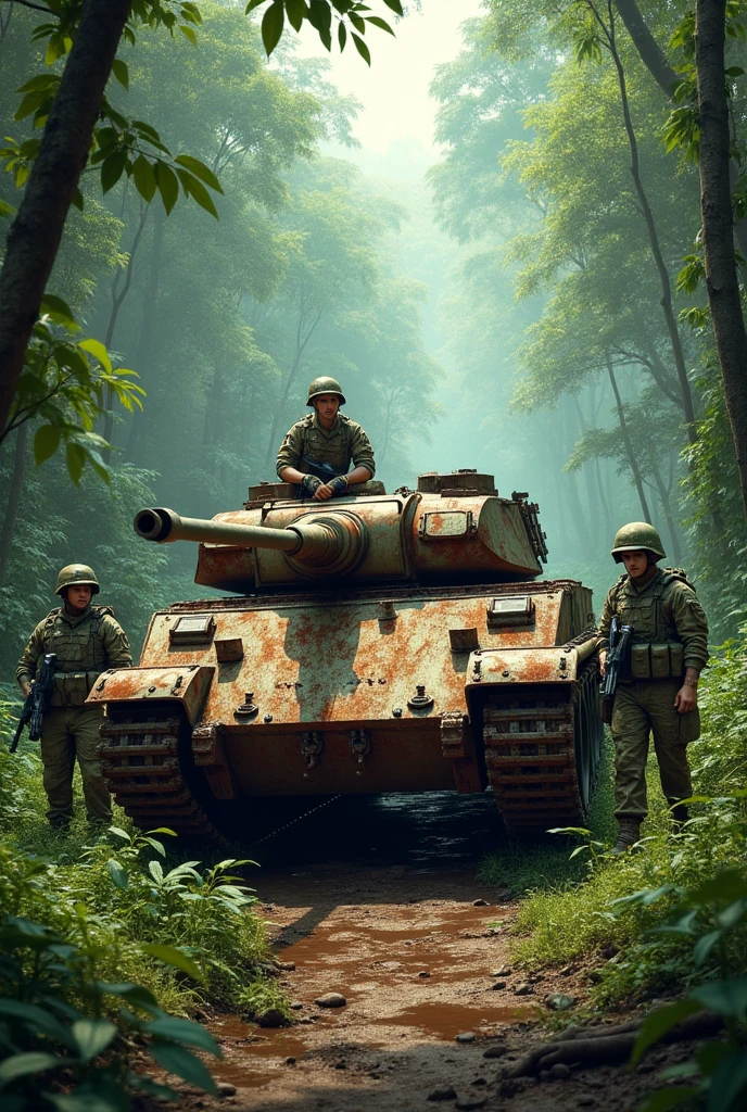 Soldiers and a rusty tank model　Jungle background

