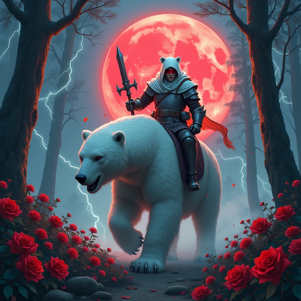 Godlike, in it a male knight with a white hood with bear ears holding a double blade is riding a polar bear in a forest while the moon shines, many Roses cover the ground and lightning falls from the sky. The polar bear has black eyes and an aggressive appearance. Only the man wears a red blindfold. In the background of the picture is the blood moon. The forest is full of trees with leaves.