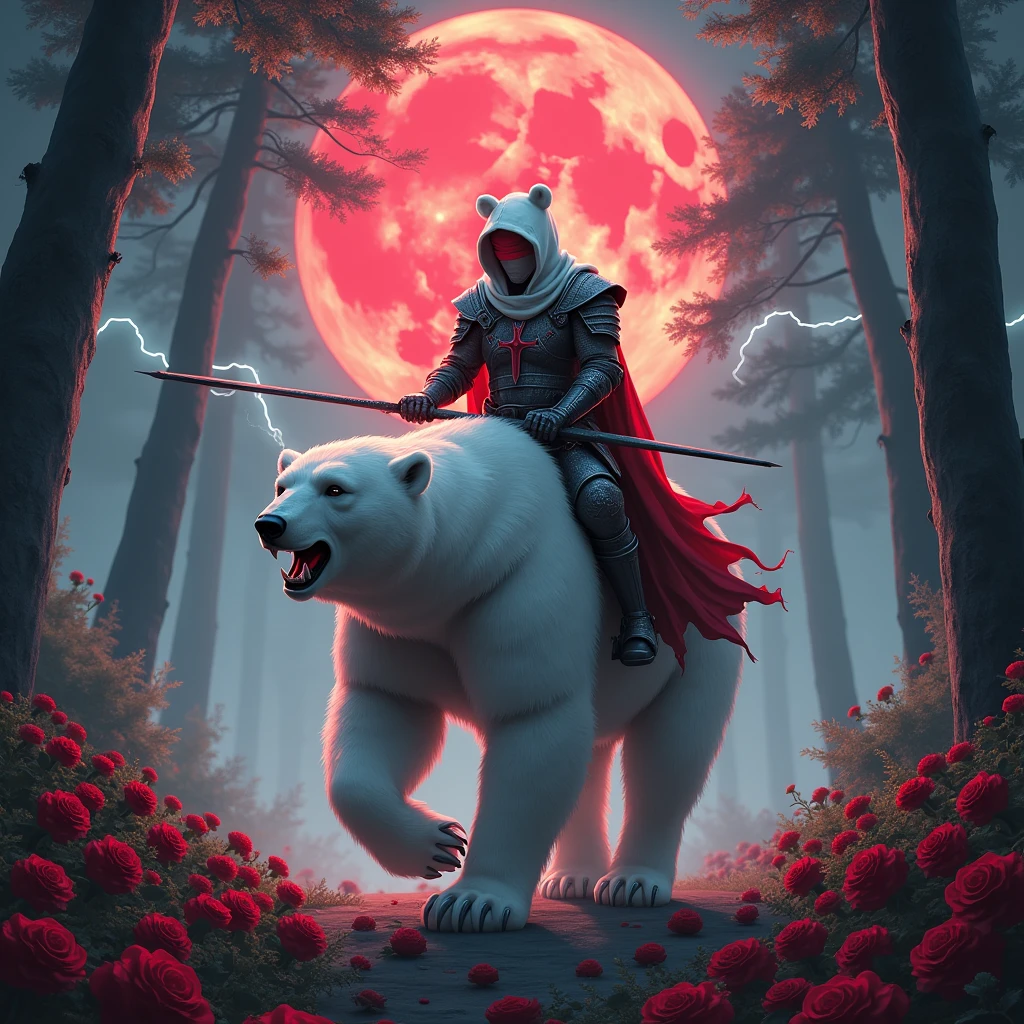 Godlike, in it a male knight with a white hood with bear ears holding a double blade is riding a polar bear in a forest while the moon shines, many Roses cover the ground and lightning falls from the sky. The polar bear has black eyes and an aggressive appearance. Only the man wears a red blindfold. In the background of the picture is the blood moon. The forest is full of trees with leaves.