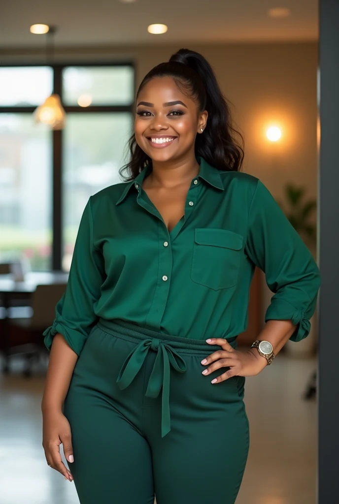 Woman dark skinned tall Latina brunette , with a weight size of 38 with a green blouse and dark green pants with a slightly chubby smile, small eyebrows and straight black hair combed in a ponytail , stop at an office
