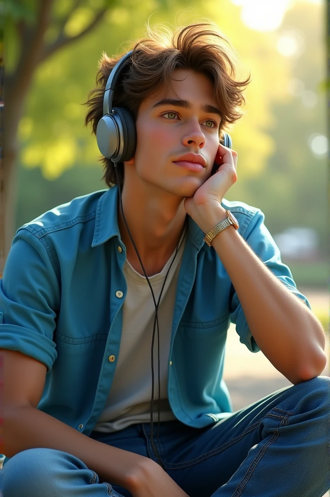 portrait, 22 years guy, casual clothes, blue shirt, jeans, alone, light, day, listening to music