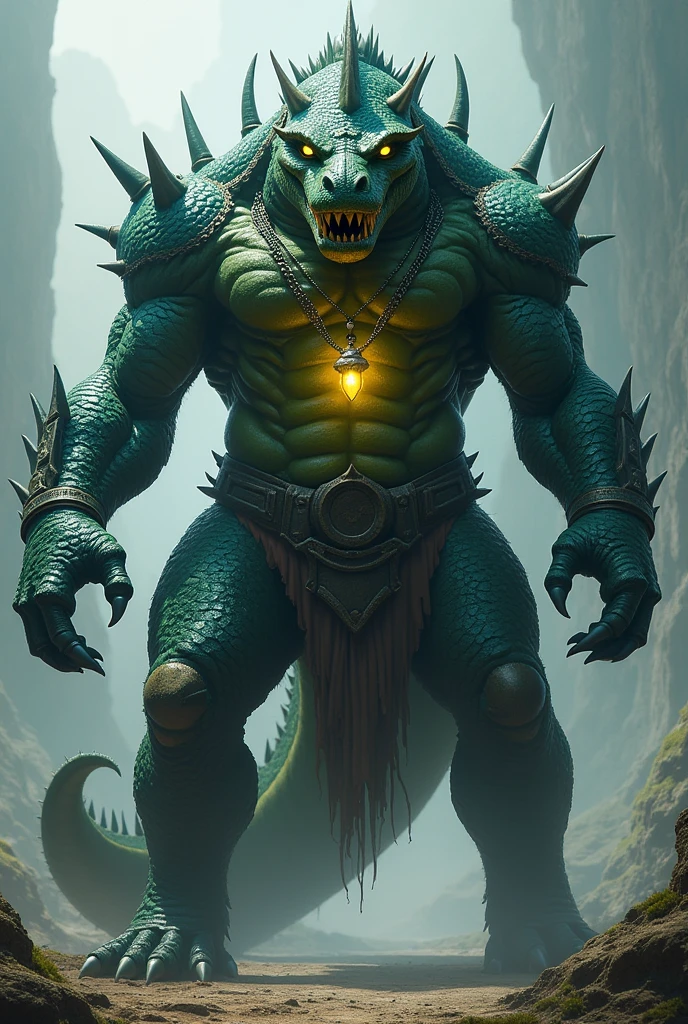 Zhaxtlan will stand as a massive, towering figure with a muscular, armored body. His dark green, iridescent blue-scaled skin will shimmer under a subtle glow, and lightning-like scars will crisscross his powerful arms and chest. His crocodilian head will bear a menacing row of sharp fangs, yellow slit-pupil eyes reflecting both intelligence and sorrow. His spiked tail, obsidian claws, and bronze-plated armor will give him an imposing, fearsome look, while his pendant of lost dreams adds a touch of emotional depth.