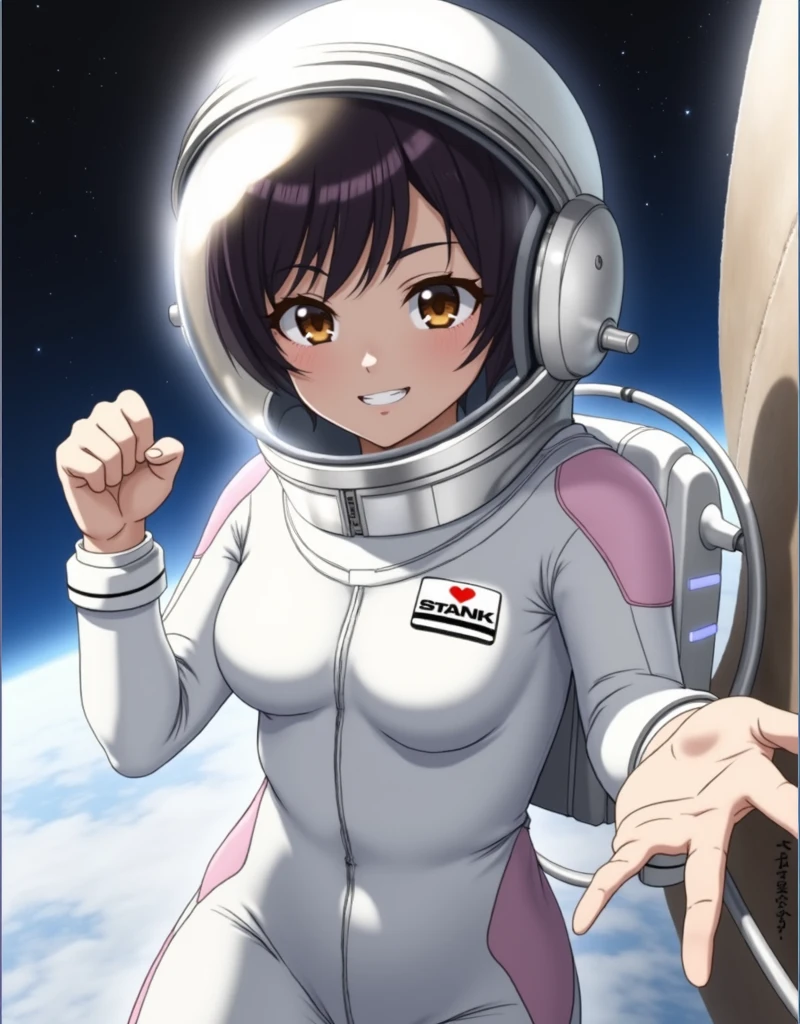 (8k, RAW photo, best quality, masterpiece), (photorealistic), outstanding details, ultra-high resolution, anatomically correct, textured skin, (Extremely precise and accurate ???????),
Ultra Detailed Face, Detailed Eyes, 

(wide lens effect), (outer space), astronaut, extravehicular activity, EVA, weightlessness, zero gravity, spacewalk, 
(Cute Japanese girl , 20-year-old), large breasts, 

(backlighting), 
(reflection light from below:1.4), 
depth of field, 
(dramatic lighting), cinematic lighting, 