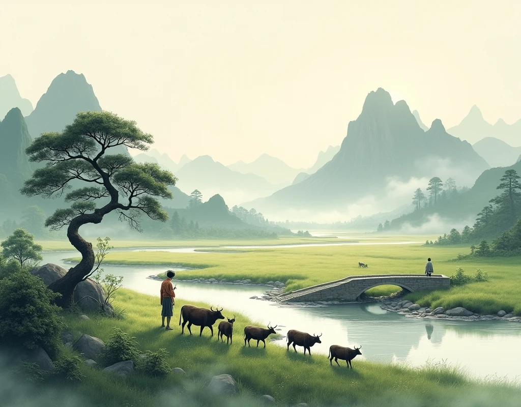 Chinese landscape painting,Ink画,Ink,Inky black,Soil,Vision,Ultra-wide viewing angle,meticulous,Shepherd boy herding cattle,riverside,Small Stone Bridge,grassland,The tree,The scenery is mountains,(8k wallpaper),(Light and shadow effects),Octane Rendering,White balance design,高度detailed的图像描绘,Wide Angle,Depth of Field,masterpiece,Realistically,Beautifully depicted,detailed,Acura,masterpiece,masterpiece