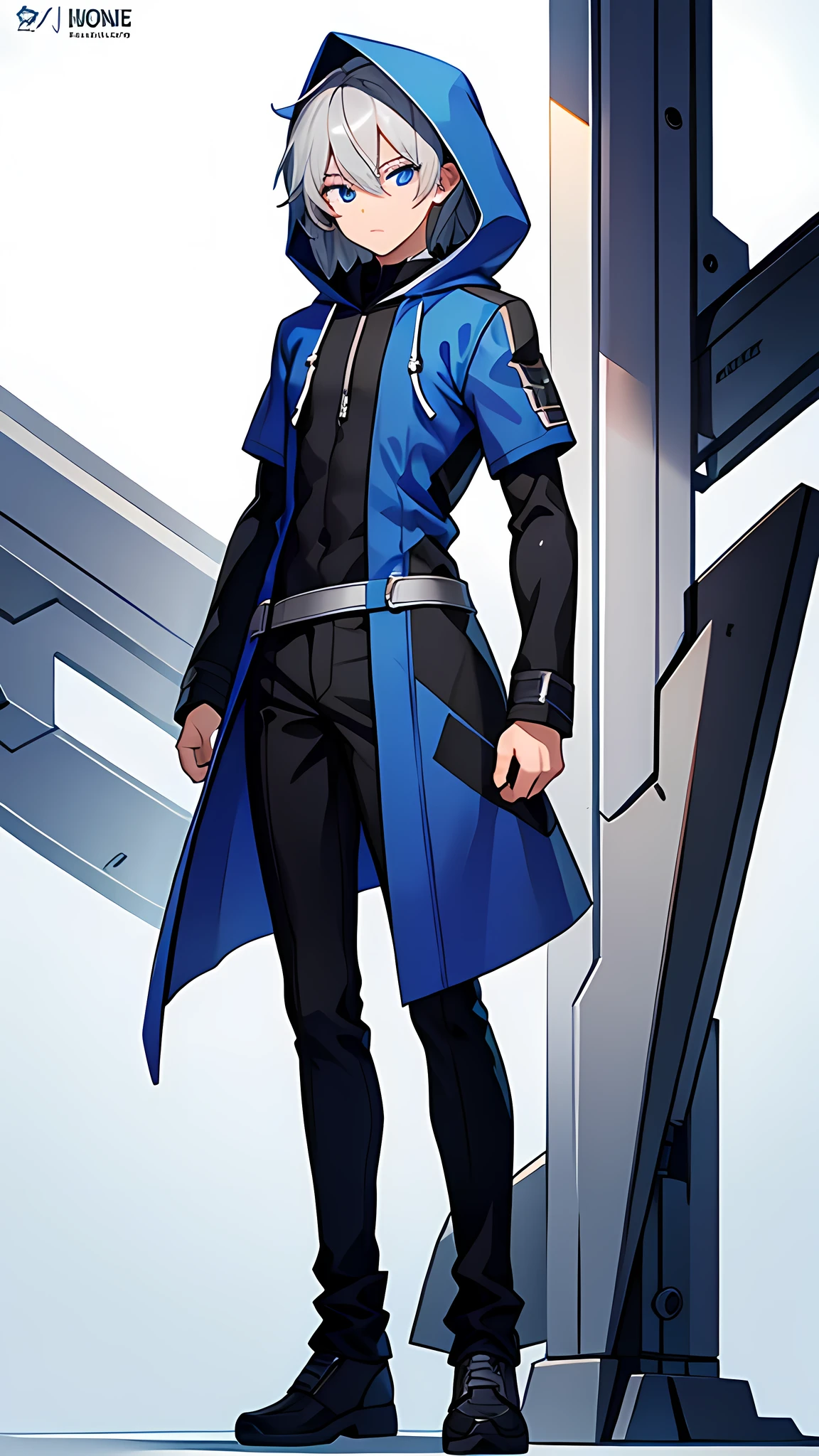 Male, full body view, gray hair, blue eyes, hood on, skinny