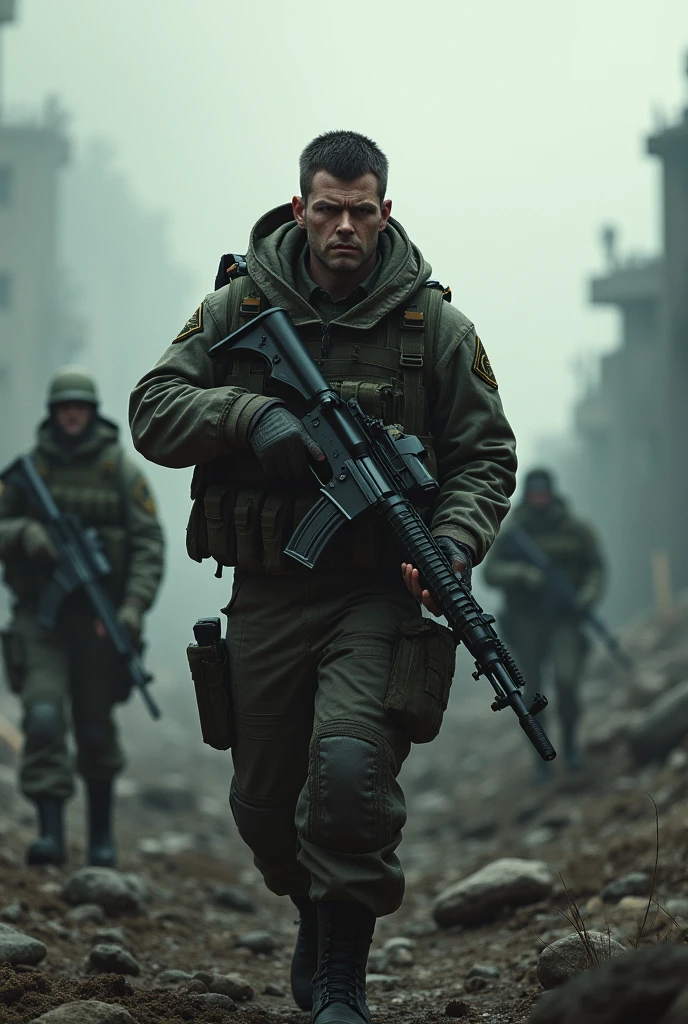 a soldier, 2 man, short hair, war, military uniform, helmet, M4 rifle, apocalyptic scene, highly detailed, hyper-realistic, cinematic lighting, dramatic shadows, moody atmosphere, gritty texture, muted color palette, photorealistic, masterpiece
