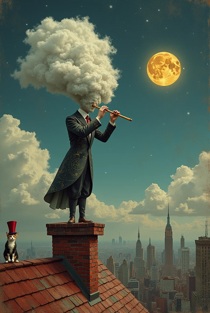 "Dave McKean-style surrealist scene: Chimney sweep with starry sky/cloud face on rusty cloud-textured roof. Suit of astronomical maps and cracked paint. Flute of distorted cityscape. Sound visualized as torn strips transforming buildings into fairy-tale/photorealistic hybrid. Cracked cheese moon looms, partially obscured. Foreground: cats in top hats blend photo and geometric elements. Palette: muted blues/grays, yellow moon, red city details. Multi-layered, textured, partially transparent compo