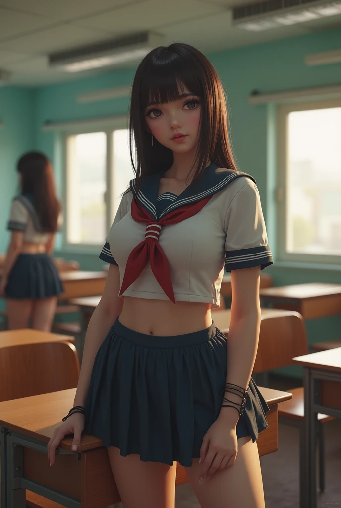 women in classroom, ((Sailor outfit, white crop top)), blue school skirt, Open the navel, Open belly, (Showing the abdominal area), ((((Cross your arms )))), cry ,