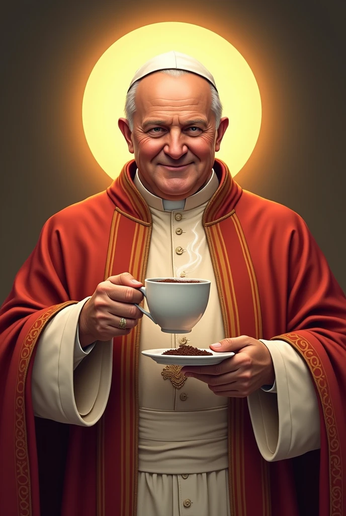 portrait of Pope Francis as a cheerful Starbucks barista handing over a coffee cup with the name "Skot" in marker