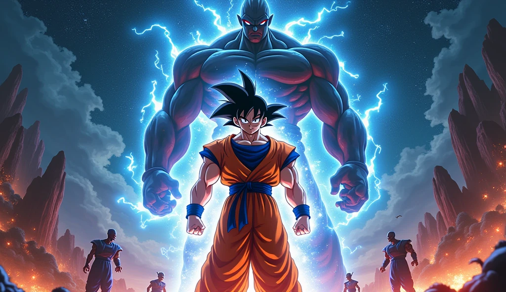 Create 8k immage ( dragon Ball anime character Goku ultra instant god age 28) with his anime dress up and lightning effects. Goku character background will have all the stars of this world and the surroundings will be very beautiful with darkness and some powerful effects. And behind me will be the biggest villain and his minions and I will fight him and the fight between the two will be terrible to watch.