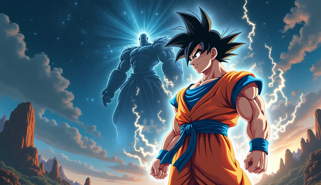Create 8k immage ( dragon Ball anime character Goku ultra instant god age 28) with his anime dress up and lightning effects. Goku character background will have all the stars of this world and the surroundings will be very beautiful with darkness and some powerful effects. And behind me will be the biggest villain and his minions and I will fight him and the fight between the two will be terrible to watch.