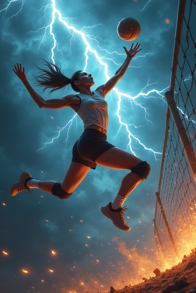 A volleyball player in the air spiking a volleyball and lightning bolts coming out of the shot that he does
