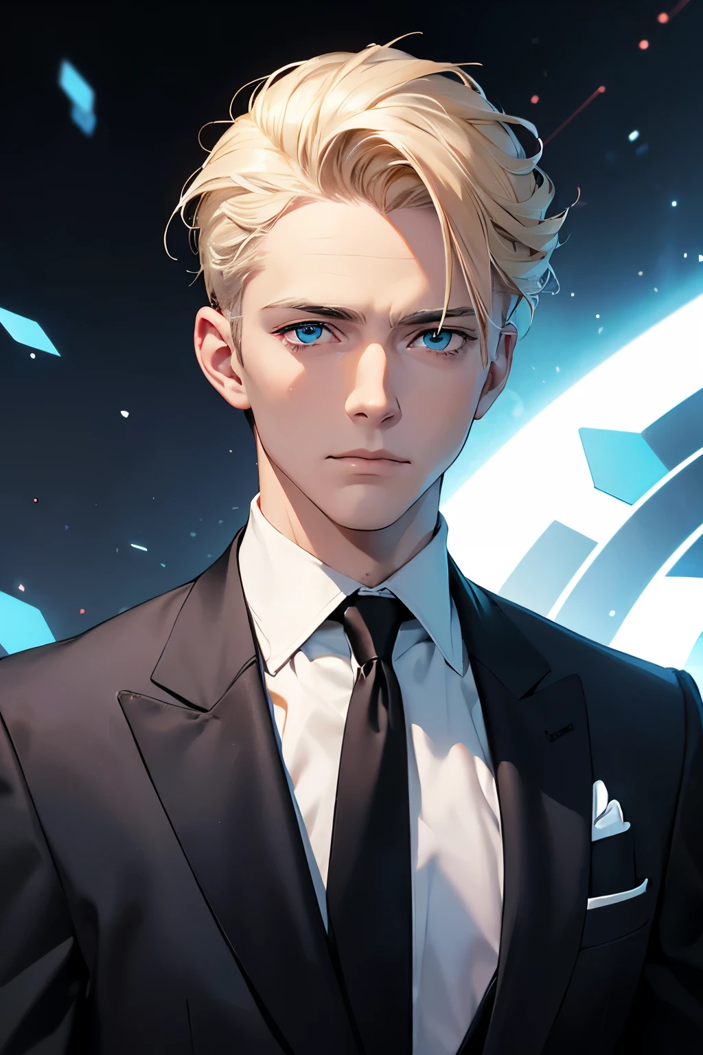 A handsome man. Blonde hair and blue eyes. Early thirties. He is looking at the camera with a serious expression. He is wearing a black business suit. Parallel universe, multi-world interpretation image in the space behind him.