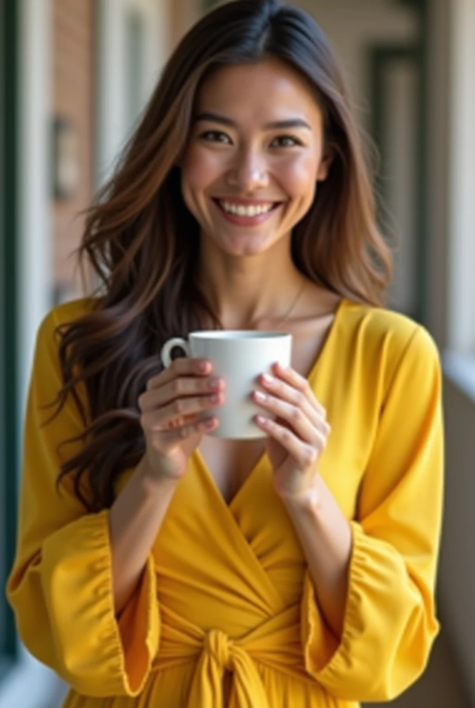 woman in yellow gown holding a cup of coffee facing the camera