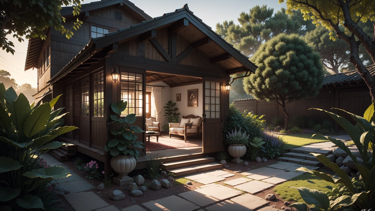 A magical courtyard in front of an elegantly designed house with soft, curved architecture, located by the sea in a lush jungle. The setting sun filters through the canopy, casting a golden glow over the scene. A cozy tea setup with delicate porcelain cups and a teapot is placed on a stone table surrounded by flowering plants and ferns, with the sea breeze rustling through the leaves. Enchanting Evening Retreat. Envision a cozy courtyard by a beautiful, fairy-tale house, The house glows with a cozy light, nestled in a garden teeming with diverse flowers and bushes. The garden is alive with colors and textures, from delicate blossoms to thick, leafy foliage. The setting sun bathes the scene in a warm, ethereal glow, with a tea table perfectly placed to enjoy the peaceful ambiance. A cozy tea setup with delicate porcelain cups and a teapot is placed on a stone table surrounded by flowering plants. masterpiece, Best Quality, (highly detailed CG Unity 8k wallpaper), (Best Quality), (Best Illustration), (BEST SHADOWS), Natural elements in the forest theme. mysterious forest, Beautiful forest, nature, surrounded by flowers, delicate leaves and branches surrounded by Fireflies (Natural elements), (Jungle theme), (leaves), (branches), (Fireflies), (particle effects), etc. 3D , Octane Rendering, Ray Tracing, super detailed