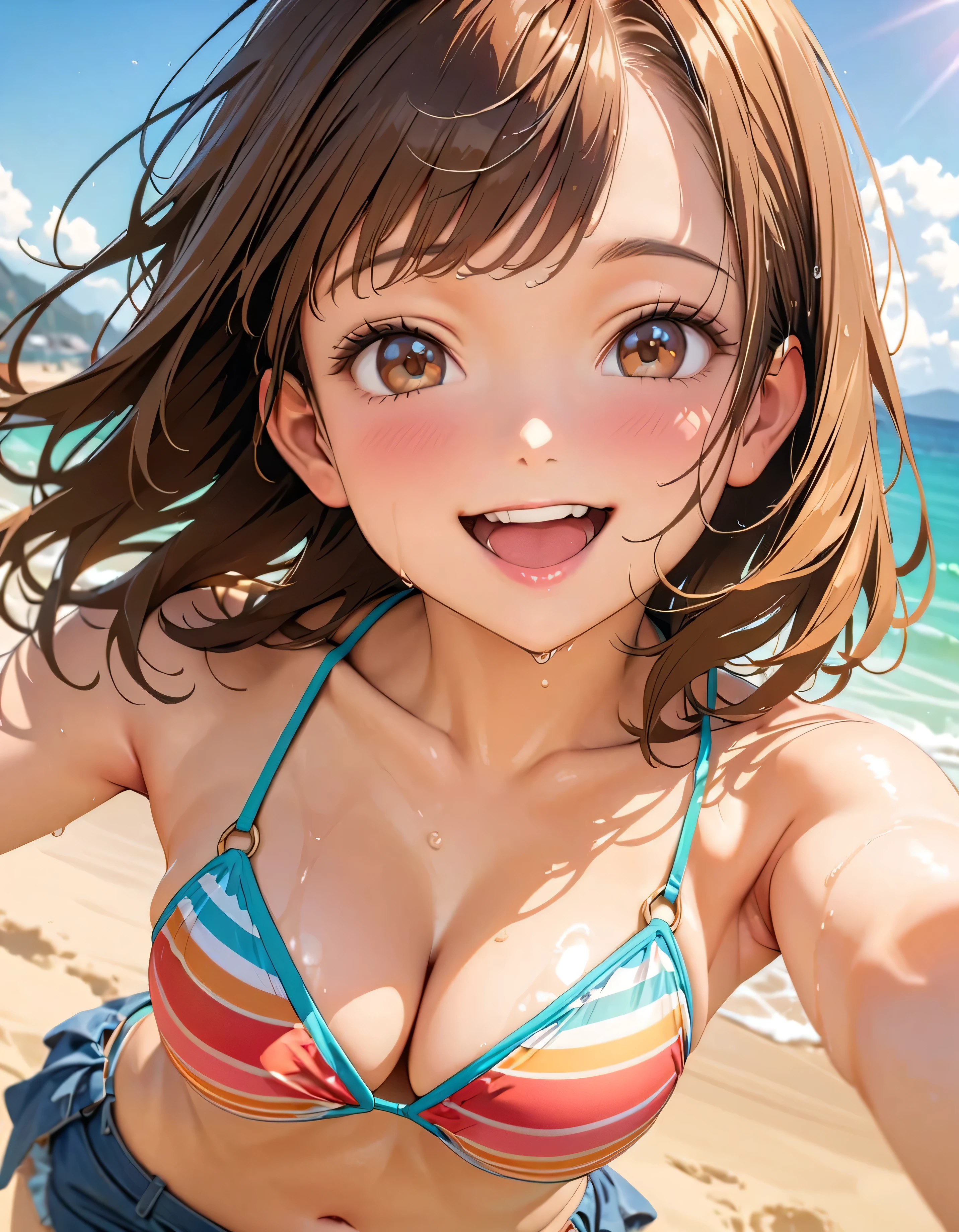 (Highest quality:1.2, Very detailed, up to date, Vibrant, masterpiece:1.2, Highest quality, Best aesthetics), smile, ((Face Up Shot:1.4)), 1980s style, 8K Ultra HD, Background Blur, smile, One Woman, Woman in bikini, Strong sunlight, Seaside, sunny, Summer sunshine, Wet Skin, Sandy Beach, Dynamic Angle, dynamic, Get excited