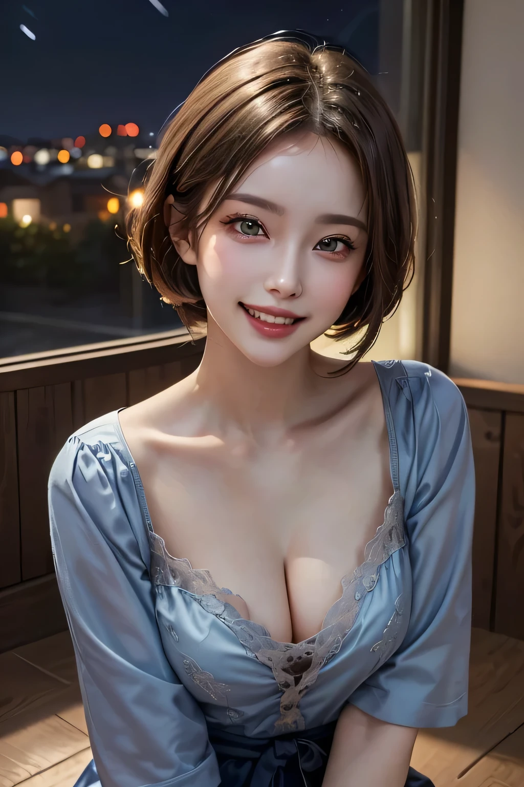 (highest quality, 8k, 32K, masterpiece), (Realistic), (Realistic:1.2), (High resolution), (night:1.7), Japan, cyber punk, 街の景Farbe, In front of the window,Wooden floor, Blue jacket, Grey Shirt, clavicle, jewelry, gem, Brunette Bob, 1 female, 4, (Grin), Beautiful body, beautifulNose, beautifulcharacter design, Perfect Eyes, perfectface, Expressive eyes, View your viewers, Center the image, (Cowboy Shot), Official Art, Very detailed CG Unity 8k wallpaper, Perfect lighting,Farbeful, bright_front_face_Lighting,Glowing Skin, (masterpiece:1.0),(Highest_quality:1.0), 超High resolution,4K,Very detailed, photograph, 8k, High resolution, High resolution, absurdes:1.2, Kodak Port 400, Film Grain, Blurred Background, bokeh:1.2, Lens flare, (Vibrant_Farbe:1.2) (beautiful,chest), (beautiful_face:1.5),(narrow_Waist)