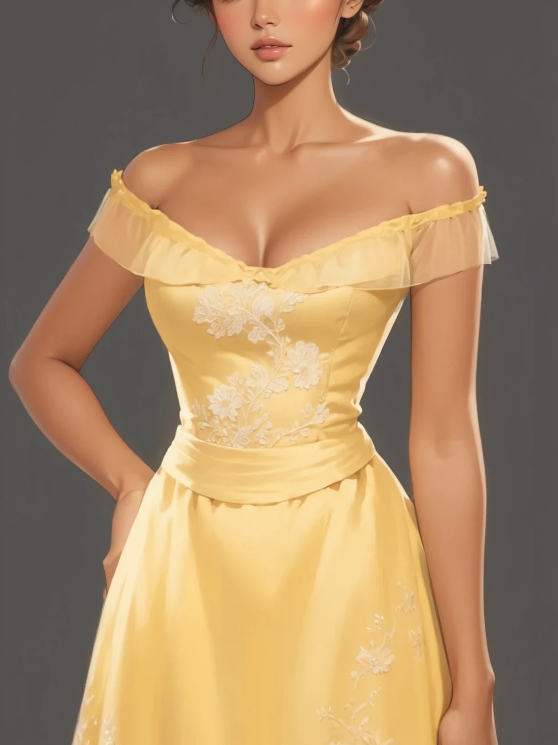 masterpiece, BEAUTIFUL illustration, ultra detailed, yellow dress, Victorian style, Victorian fashion, lace embroidery dress, open shoulders, dark tanned skin, tulle top and waist,