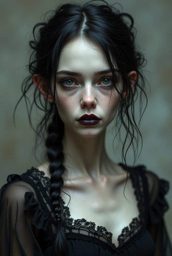 A pale woman with dark circles under her eyes. She wears a black lace outfit from the medieval period. Her hair is messy and straight, with a shade as black as night. She has small lips and wears black lipstick. She is very thin, as if she were made of bones. She has an older appearance, like a woman in her 30s.