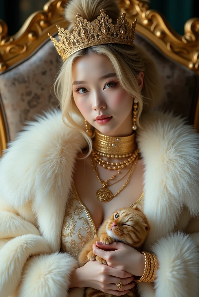 sexy young korean girl, korean, realistic, real,8k, clean, 18-year old girl with a blonde gorgeous hair, pale skin, her face is also very beautiful but and looks mature. sexy, She has a fit body. wearing huge white fur coat, big leopard fur hat, fur coat covering all the body, wearing big fluffy fur, sitting on golden throne on the fur mug, gold necklaces, alots of gold jewerly, white skin,princess handsome, petting cat, gorgeous face, she has slim body,wearing huge white fur coat, many jewelry, alots of gold jewelry, every finger has golden rings, her sexy leg , she wearing fur slippers, holding a feather stick, fluffy feather stick, wearing huge crown