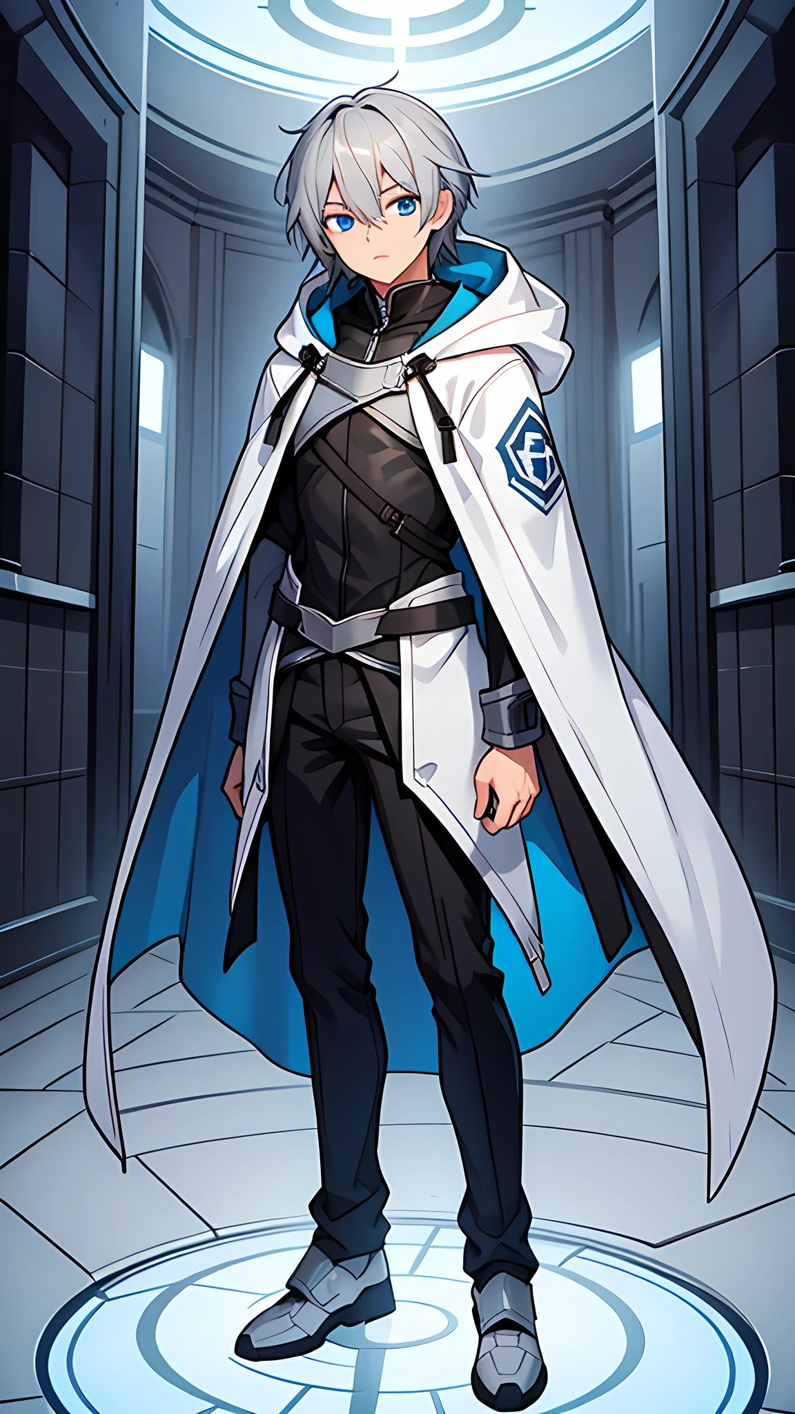 Male, full body view, gray hair, blue eyes, hood on, skinny 