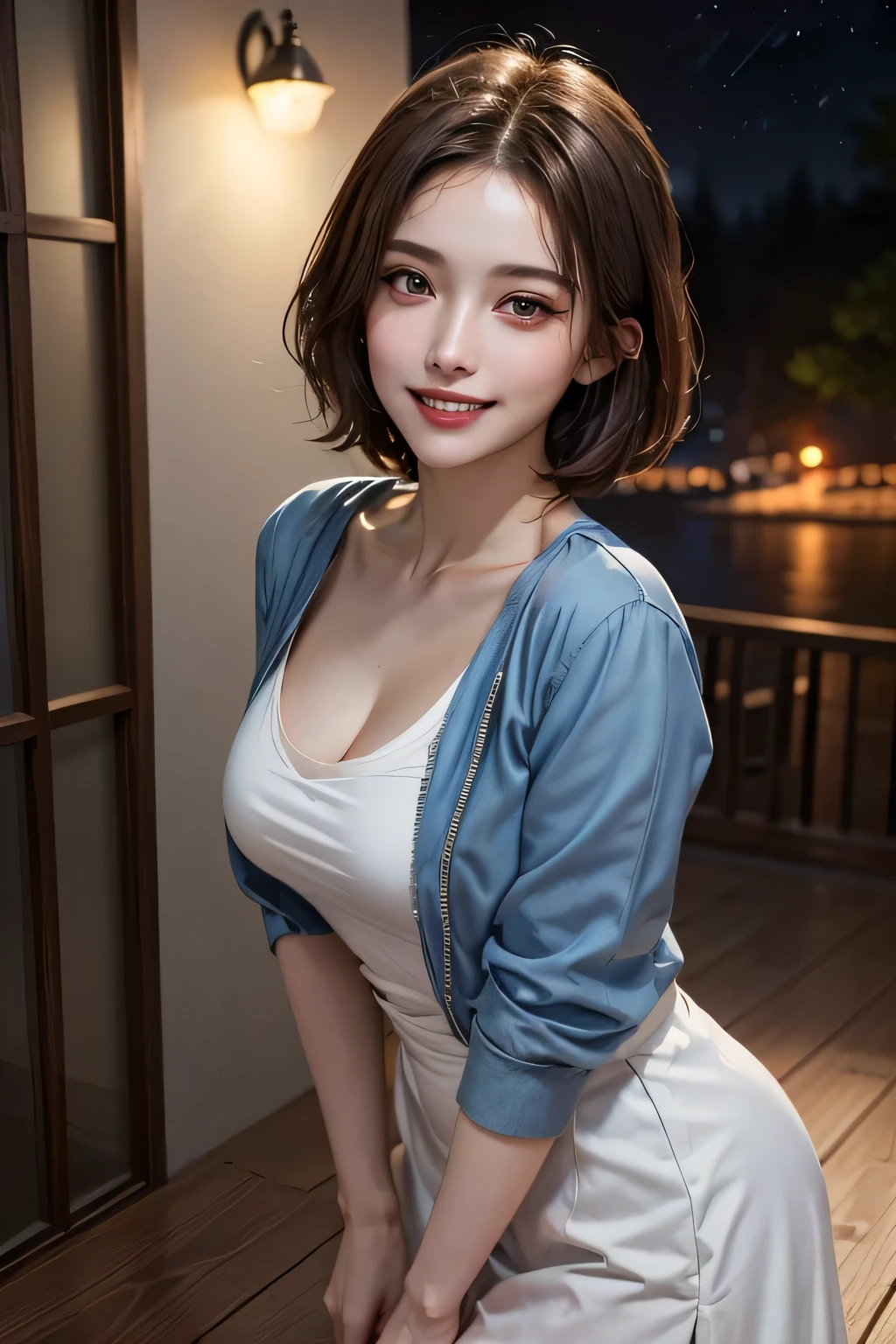 (highest quality, 8k, 32K, masterpiece), (Realistic), (Realistic:1.2), (High resolution), (night:1.7), Japan, cyber punk, 街の景Farbe, In front of the window,Wooden floor, Blue jacket, Grey Shirt, clavicle, jewelry, gem, Brunette Bob, 1 female, 4, (Grin), Beautiful body, beautifulNose, beautifulcharacter design, Perfect Eyes, perfectface, Expressive eyes, View your viewers, Center the image, (Cowboy Shot), Official Art, Very detailed CG Unity 8k wallpaper, Perfect lighting,Farbeful, bright_front_face_Lighting,Glowing Skin, (masterpiece:1.0),(Highest_quality:1.0), 超High resolution,4K,Very detailed, photograph, 8k, High resolution, High resolution, absurdes:1.2, Kodak Port 400, Film Grain, Blurred Background, bokeh:1.2, Lens flare, (Vibrant_Farbe:1.2) (beautiful,chest), (beautiful_face:1.5),(narrow_Waist)