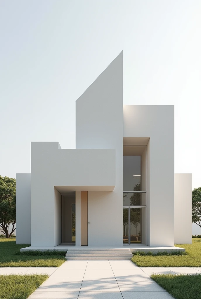 Exterior design , small baptist church, rectangular and triangular volume game  , in the northeast of Brazil , with glass frames ,simple, modernist lines and ultra-realistic minimalist , 4K , ultra realistic render 16:9