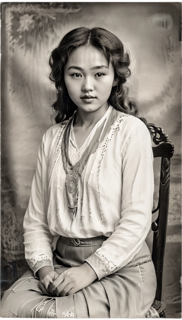 (Best quality,4K,8 K,a high resolution,masterpiece:1.2), ultra detailed, (realistic,photorealistic,photo-realistic:1.37), Black and white photography, portrait, 1920s, Kazakh girl, 2, Direct eye contact, long hair, Good, Retro style, Vintage fashion. Black and white photo. Kazakhstan