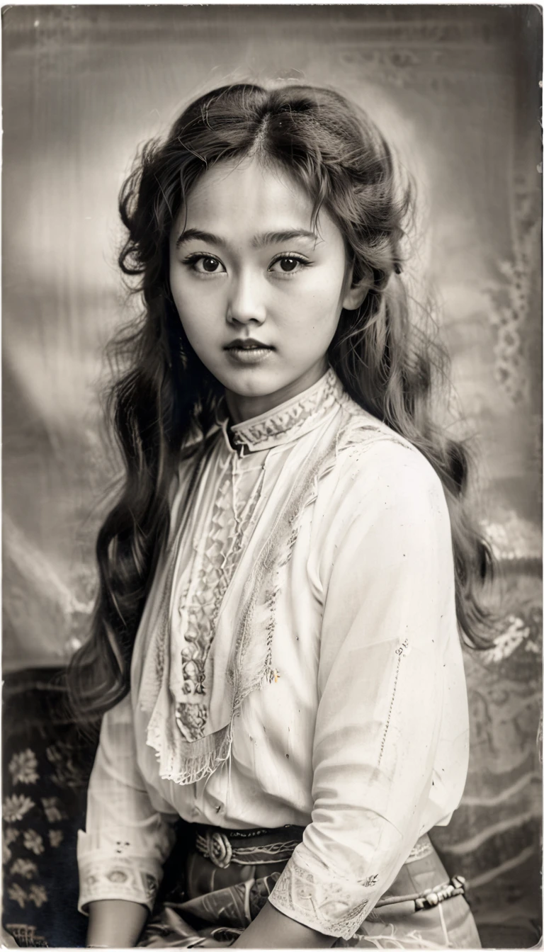 (Best quality,4K,8 K,a high resolution,masterpiece:1.2), ultra detailed, (realistic,photorealistic,photo-realistic:1.37), Black and white photography, portrait, 1920s, Kazakh girl, 2, Direct eye contact, long hair, Good, Retro style, Vintage fashion. Black and white photo. Kazakhstan