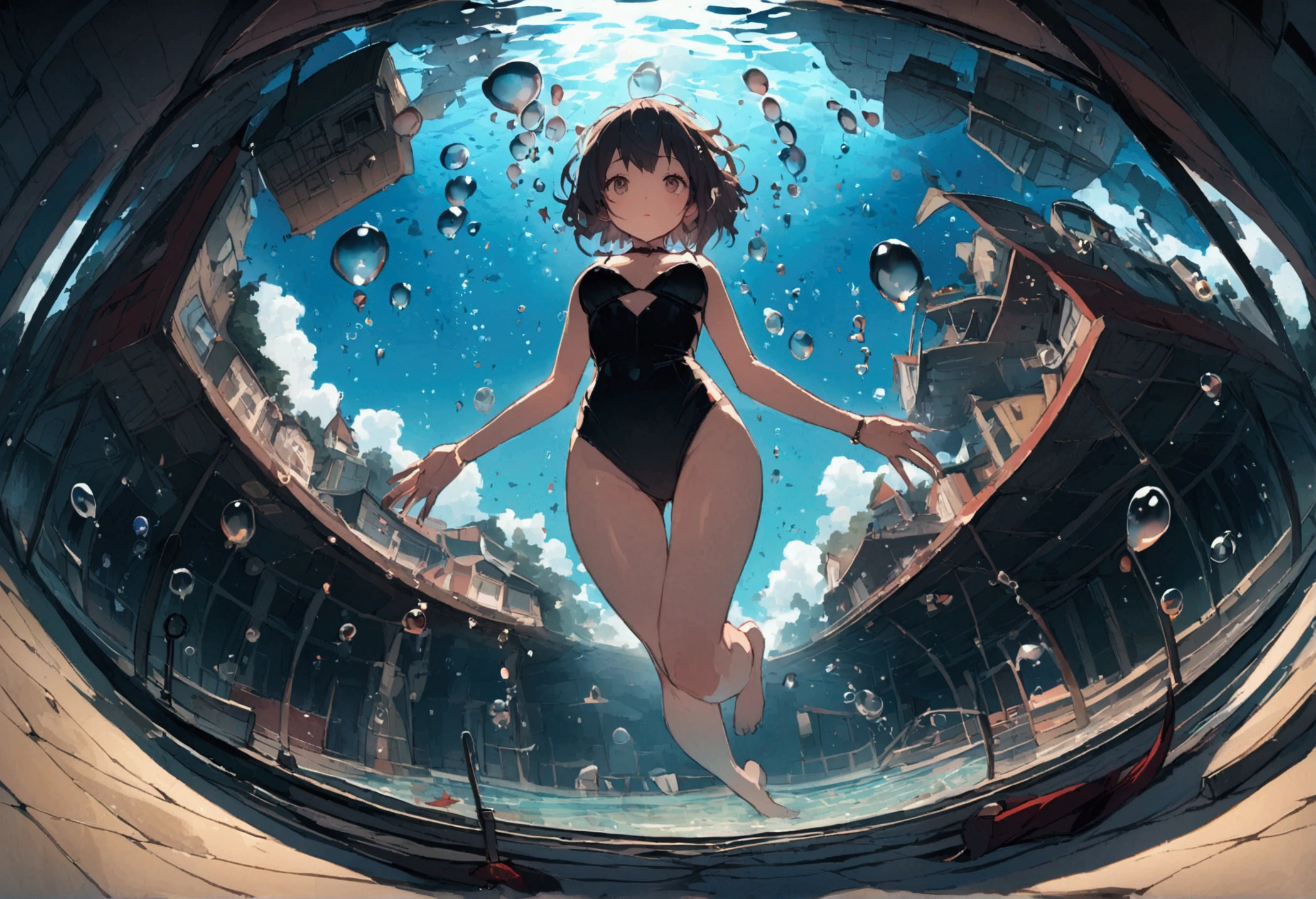 Photo of a short-haired girl underwater,Full Body Lesbian,Looking up、Scattered bubbles、Movement of water、Mysterious atmosphere、Black Swimsuit、Fisheye Lens