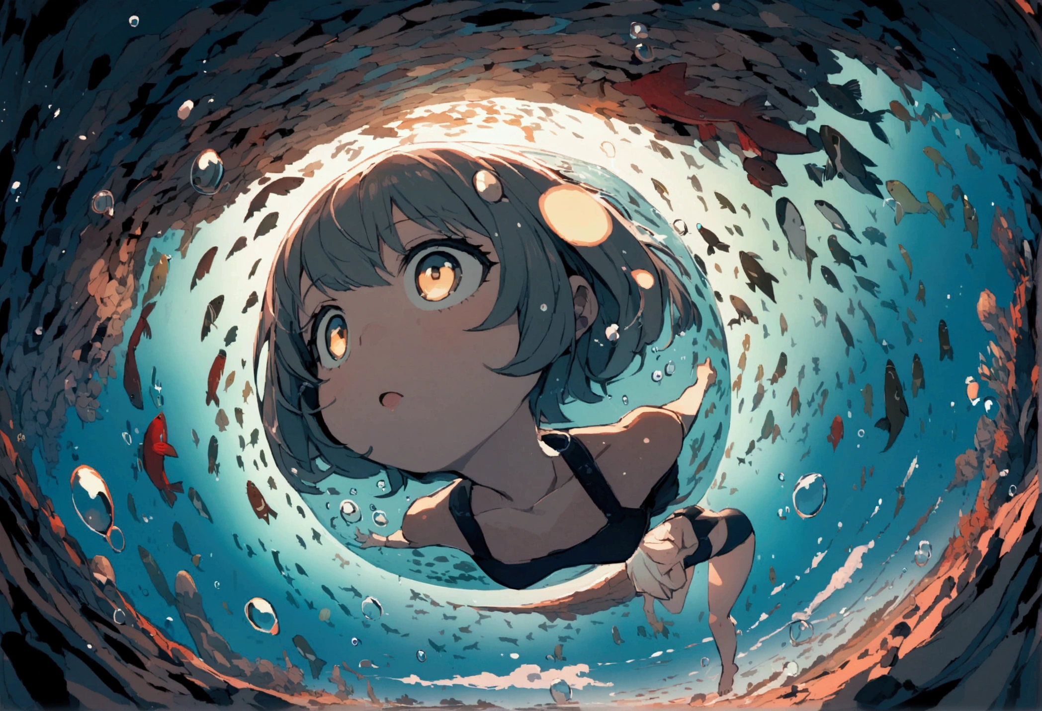Photo of a short-haired girl underwater,Full Body Lesbian,Looking up、Scattered bubbles、Movement of water、Mysterious atmosphere、Black Swimsuit、Fisheye Lens