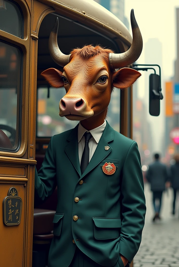 Bus driver with an ox face