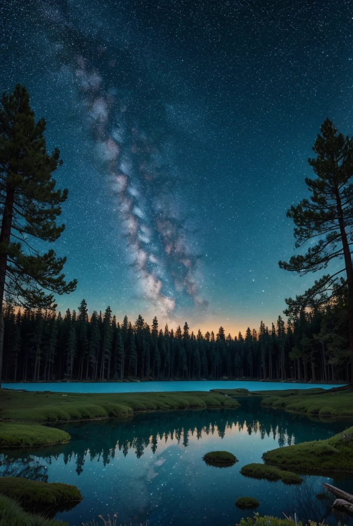 A large pine forest with fairies flying around a large lake and a very starry sky