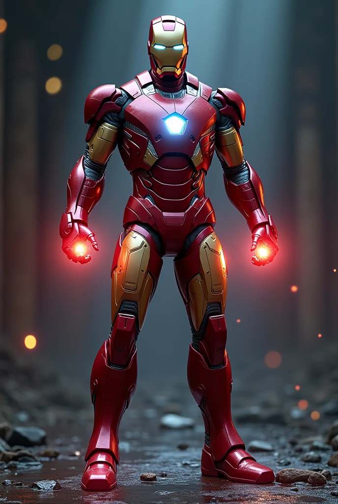 a highly detailed and realistic iron man, incredible intricate metal armor, glowing arc reactor, intense glow from repulsor beams, dynamic pose, cinematic lighting, dramatic camera angle, photorealistic, 8k, best quality, ultra-detailed, hyper realistic, volumetric lighting, physically-based rendering, concept art style, vibrant colors, chiaroscuro lighting