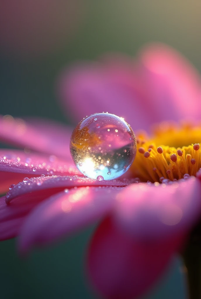 Charlie notices a tiny sparkling dewdrop on a flower petal. The dewdrop is shown up close, glistening with rainbow colors.
