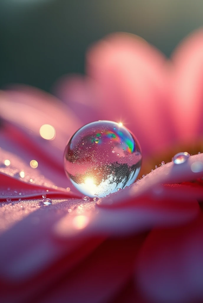 Charlie notices a tiny sparkling dewdrop on a flower petal. The dewdrop is shown up close, glistening with rainbow colors.
