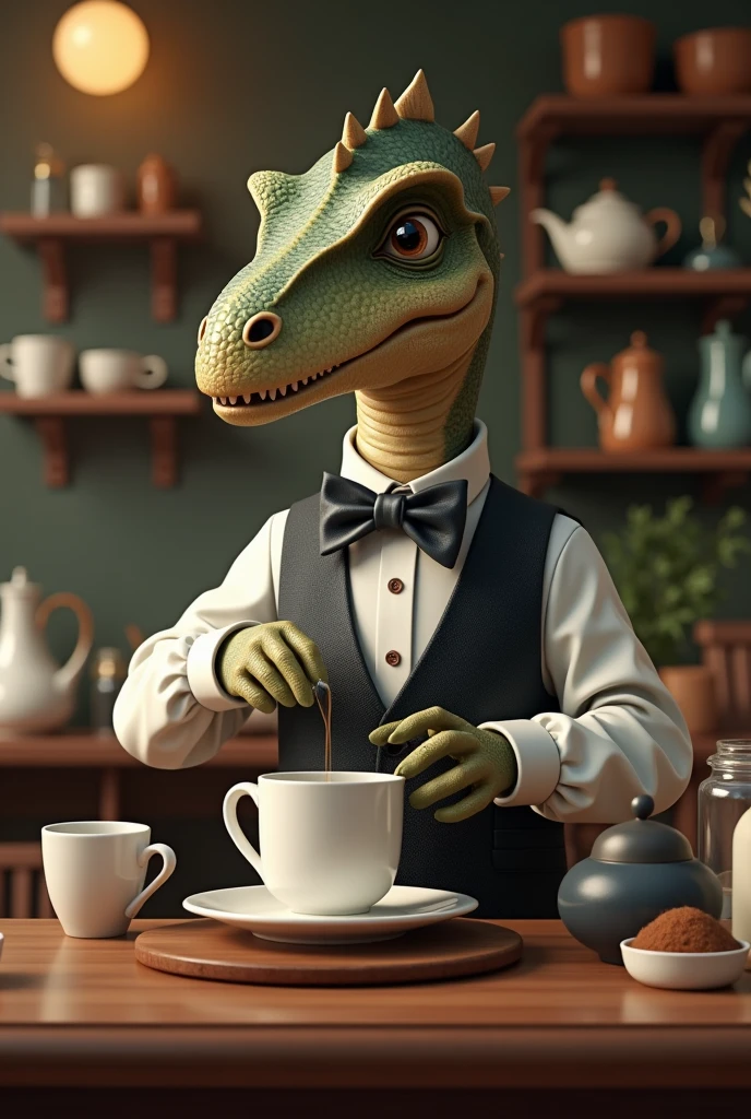 Dinosaur with bow tie and long sleeves、A dinosaur elegantly brewing coffee in a classical cafe、By drip、Calm、Over the counter Ceramic coffee pot Kettle Gentle expression