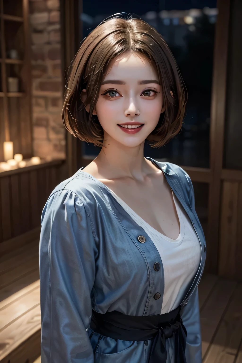 (highest quality, 8k, 32K, masterpiece), (Realistic), (Realistic:1.2), (High resolution), (night:1.7), Japan, cyber punk, 街の景Farbe, In front of the window,Wooden floor, Blue jacket, Grey Shirt, clavicle, jewelry, gem, Brunette Bob, 1 female, 4, (Grin), Beautiful body, beautifulNose, beautifulcharacter design, Perfect Eyes, perfectface, Expressive eyes, View your viewers, Center the image, (Cowboy Shot), Official Art, Very detailed CG Unity 8k wallpaper, Perfect lighting,Farbeful, bright_front_face_Lighting,Glowing Skin, (masterpiece:1.0),(Highest_quality:1.0), 超High resolution,4K,Very detailed, photograph, 8k, High resolution, High resolution, absurdes:1.2, Kodak Port 400, Film Grain, Blurred Background, bokeh:1.2, Lens flare, (Vibrant_Farbe:1.2) (beautiful,chest), (beautiful_face:1.5),(narrow_Waist)