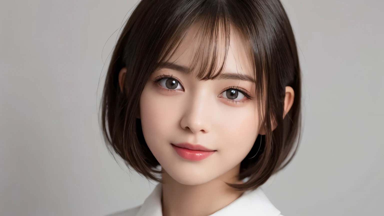 Silver Background, Full body portrait, Looks very happy, smile, One Girl, (Beautiful girl, Delicate girl:1.3), (20-year-old:1.3), (Black Suit、White blouse), Very beautiful eyes, (Symmetrical eyes:1.3), C cup breasts, Brown eyes, Parted bangs, short hair, (Eye and facial details:1.0), (masterpiece, Highest quality, Super detailed, Detailed face, 8k)