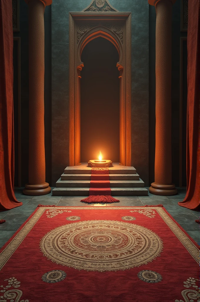A carpet with a ritual circle embroidered on it. Two fabric columns are sewn on each side of the carpet. And on the temple there is a footstool as an altar on which stands a burning candle.