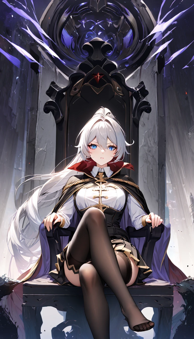 (masterpiece), best quality, ((ultra-detailed)), ((an extremely detailed and delicate)), (8k cg wallpaper), (stunning art), ((illustration)), kiana kaslana \(honkai impact 3rd\), herrscher of finality, white hair, ahoge, ponytail, very long hair, blue eyes, slit pupils, looking at view, 1girl, (military-style cape:1.6), (pleated skirt:1.4), (crisp white blouse:1.5), (gold trim:1.4), (high black stockings:1.6), (mystical academy outfit:1.6), cross one legs, cross your legs, sit on a chair biologically correct body,