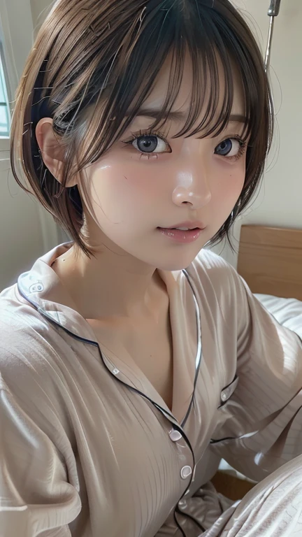 (8k, Photorealistic, RAW Photos, Best image quality: 1.4), Japanese schoolgirl、Short Bob、Super detailed face、Eye on the details、double eyelid、Sharp focus:1.2、Beautiful woman:1.4、Light brown hair、Highest quality、masterpiece、Ultra-high resolution、(Photorealistic:1.4)、Highly detailed and professionally lit smiles、(Pajamas:1.5)、blush、Open your mouth a little、Watery eye、amount、????? nipples,Hospital bed、Looking up、High angle