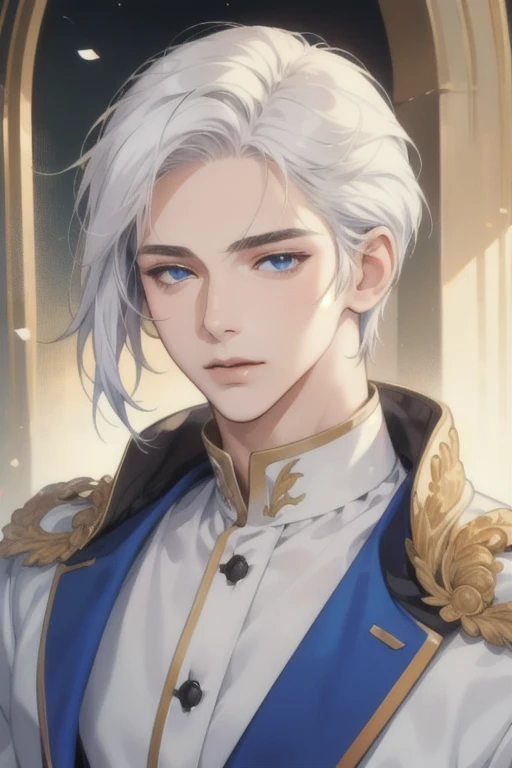 ((best quality)), ((masterpiece)), (detailed), Man, anime style, white hair, bangs, bangs falling on forehead, Blue eyes, very handsome, beautiful, fair skin, anime man, in 20s, really handsome, detailed background, light,