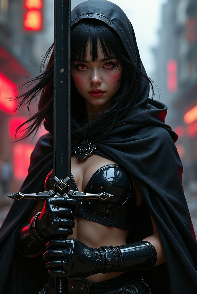 a girl of puberty, red eyes, black hair, cuberpunk black and red iron costume, black sword in hand cuberpunk, cuberpunk black cloak