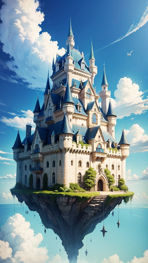 Laputa: Castle in the Sky、Laputa style、Big tree flying in the sky、White Entrance Cloud、blue sky、masterpiece, high quality, Ultra high definition, 