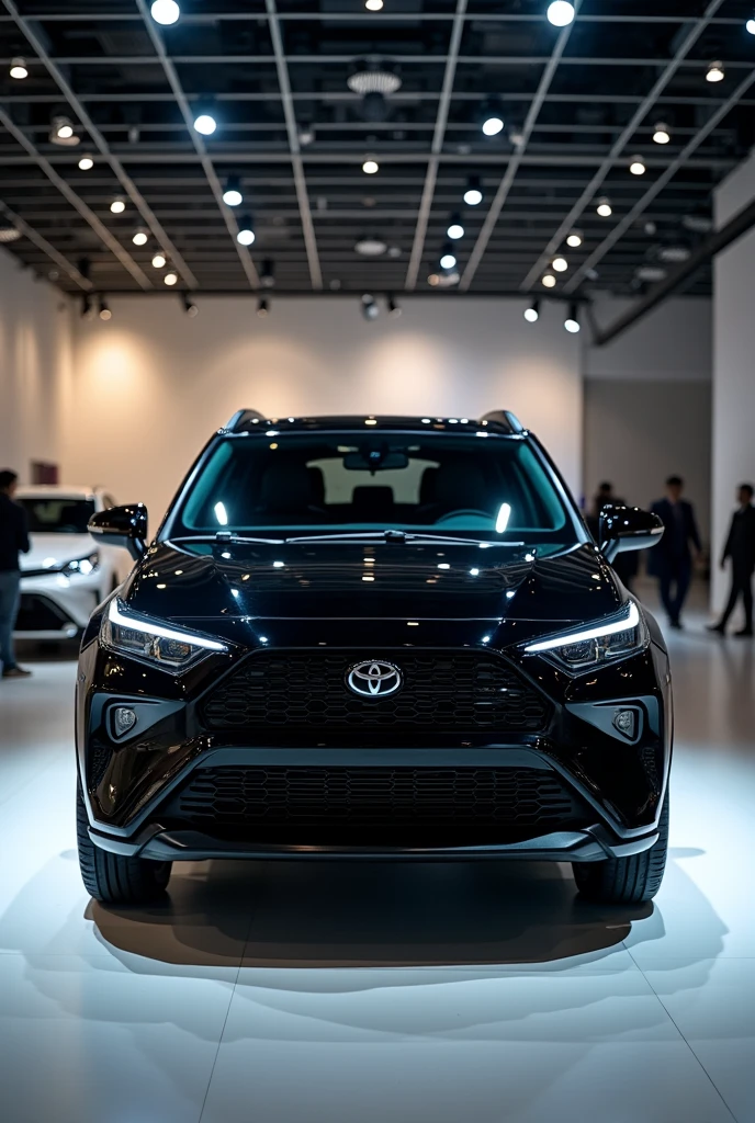 Make A 2025 Toyota Corolla Cross SUV A Black Exterior And Parked In Dealership Showroom Night Day And Front View