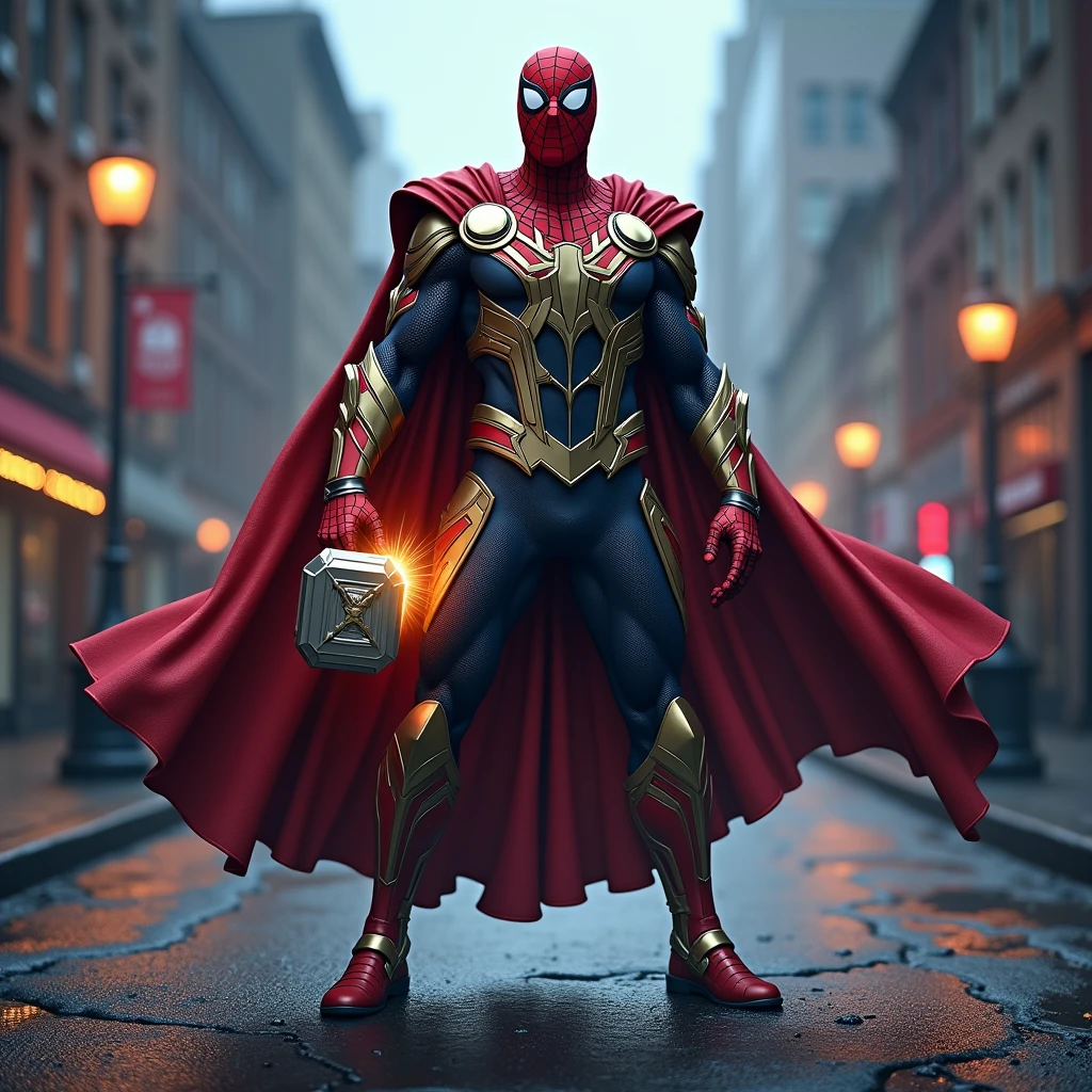 a highly detailed 2D illustration of Spiderman wearing Thor's attire, standing on a roadside, hyperrealistic, cinematic lighting, vibrant colors, intricate details, dramatic pose, muscular physique, glowing Mjolnir hammer, billowing cape, cinematic perspective, dramatic shadows, volumetric lighting, photorealistic textures, gritty urban environment, wet asphalt road, moody atmosphere, epic fantasy, comic book style